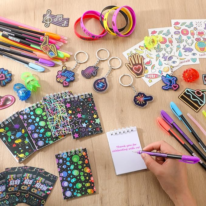 191 Pcs Glow in the Dark Party Supplies for Kids Adults Include Pet Cup Glow Stick Ring Notebook Highlighter Bracelet Sticker Keychain for DIY Birthday Neon Disco Party Decorations