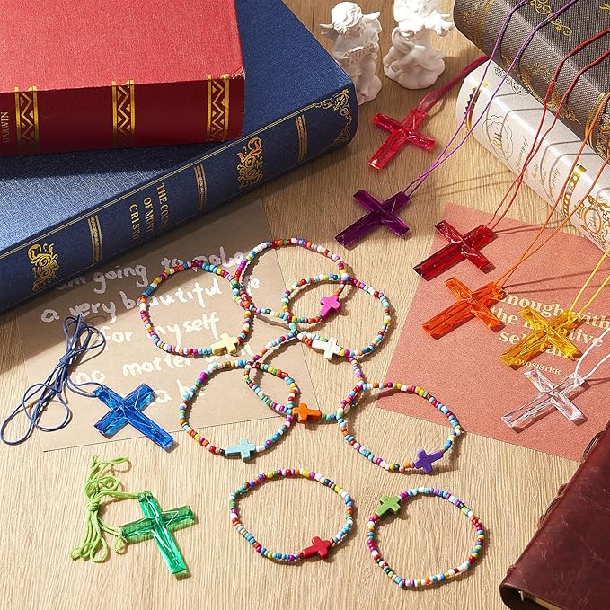 48 Pcs Cross Necklaces Christian Religious Party Favors Include 24 Plastic Crystal Cross Necklace DIY Craft Gifts with 24 Bracelet for Vacation Bible Prize Favor (Cross)