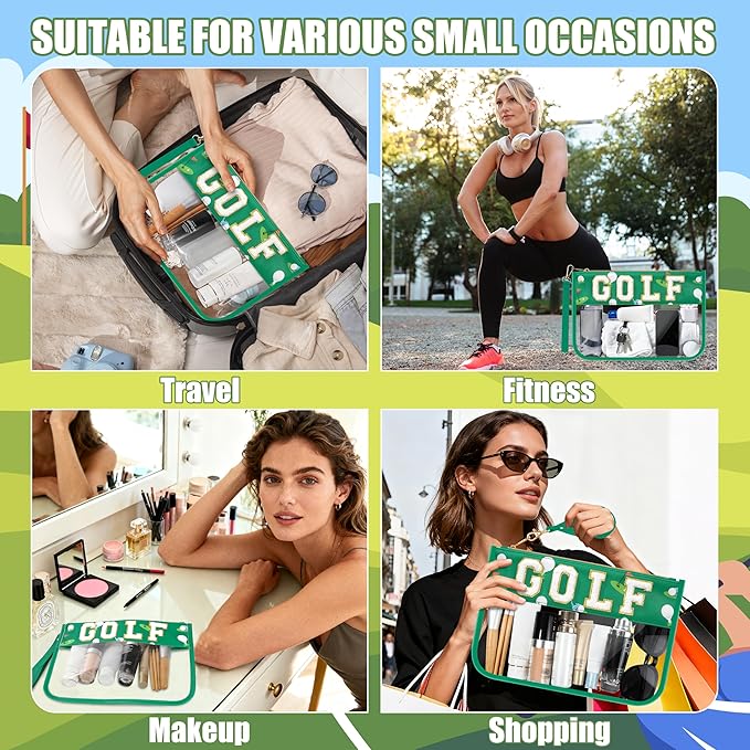 BuyCard Golf Gifts Makeup Bag with Chenille Letter Patch, Clear Cosmetic Pouch PVC Organizer Purse, Waterproof Travel Bag, Portable Toiletry Storage Bag for Her Friends