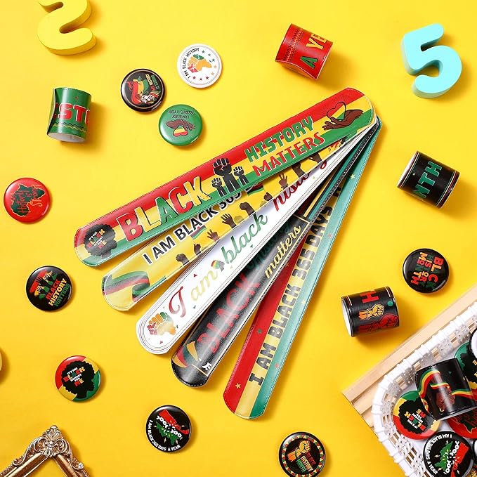 Frienda 60 Pcs Black History Month Party Favors Black History Slap Bracelets and Badge Pins for Freedom Day Patriotic Party Supplies for Black American Independence Day 1865 Juneteenth Decor
