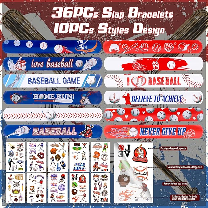 40Pcs Baseball Slap Bracelets Party Favors with Baseball Tattoo Birthday Gifts Baseball Party Decorations Snap Band for Kids Boys