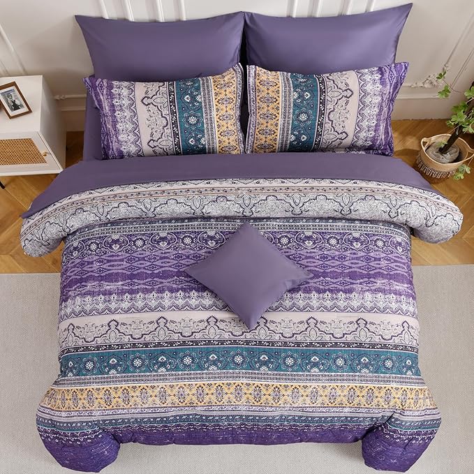 Cottolester Boho Queen Comforter Set 8 Pieces, Violet Bohemian Striped Bed in a Bag, Paisley Soft Microfiber Bedding Comforter Set
