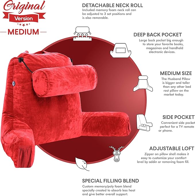 Husband Pillow Medium Red, Backrest for Kids, Teens, Petite Adults - Reading Pillows with Arms, Adjustable Loft, Plush Memory Foam, Bed Rest Chair for Sitting Up, Detach Neck Roll, Removable Cover