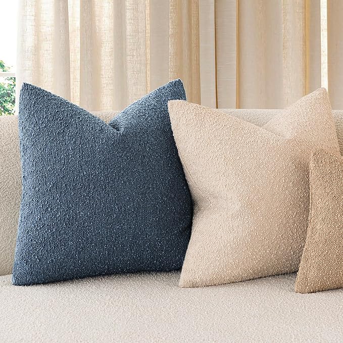 Foindtower Pack of 2, Decorative Textured Boucle Throw Pillow Covers Accent Solid Pillow Cases Cozy Soft Couch Cushion Case for Chair Sofa Bedroom Living Room Home Decor 22x22 Inch Dark Blue