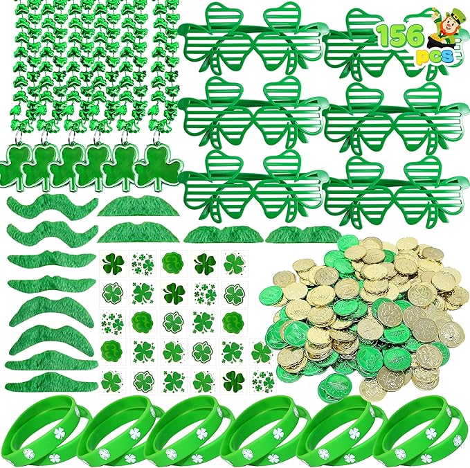 JOYIN 156 Pcs St. Patrick's Day Party Favor Set, 6 Necklaces 6 Eyeglasses 12 Bracelets 72 Temporary Tattoos 12 PCS Mustache 48 Plastic Coins St Patricks Day Accessories