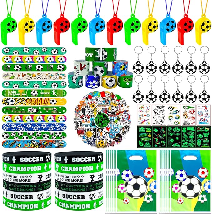 120Pcs Soccer Party Favors, Soccer Birthday Party Supplies with Whistle Stickers Slap Bracelet Key Chains and Soccer Goodie Bags for Soccer Party Decorations Supplies