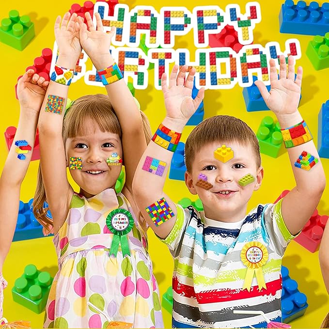 48PCS Building Block Party Favors - 24PCS Tattoos & 24PCS Slap Bracelets - Birthday Party Supplies, Classroom Prizes, Carnival Gifts, Christmas Decorations for Boys & Girls