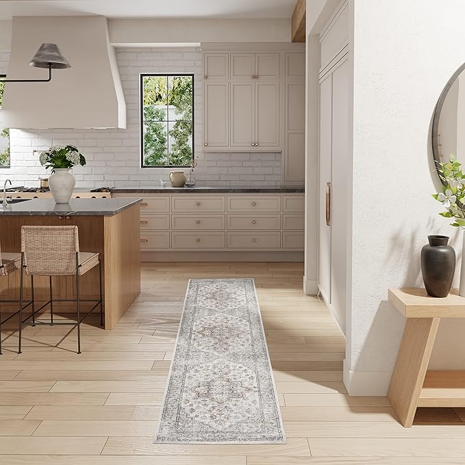 Nourison Astra Machine Washable Traditional Grey/Multi 2'2" x 12' Area Rug, Easy Cleaning, Non Shedding, Bed Room, Living Room, Dining Room, Kitchen (2x12)