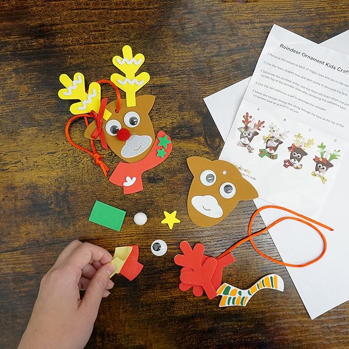 4E's Novelty Reindeer Christmas Ornament Craft for Kids (12 Pack) Updated Edition - Foam Bulk Arts and Crafts Kit for Kids Toddlers 4-8 DIY Craft Party Favor Activity Project