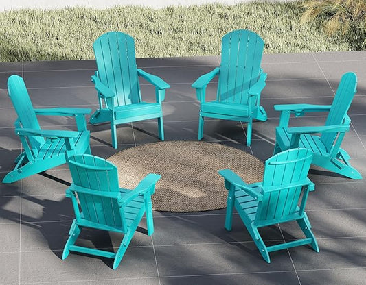 Plawdlik Folding Adirondack Chair Set of 6 with Cup Holder，Wooden Textured ，Heavy All-Weather HDPE Comfortable Set Poolside Backyard Lawn, Aruba Blue