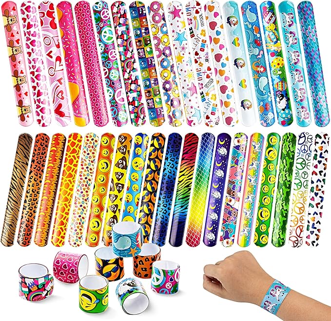 JOYIN 60 Pcs Slap Bracelets for Kids Bulk Wristbands with Animals, Friendship, Heart Print 36 Designs, for kids Easter Party Favors, Classroom Prizes Exchanging Gifts
