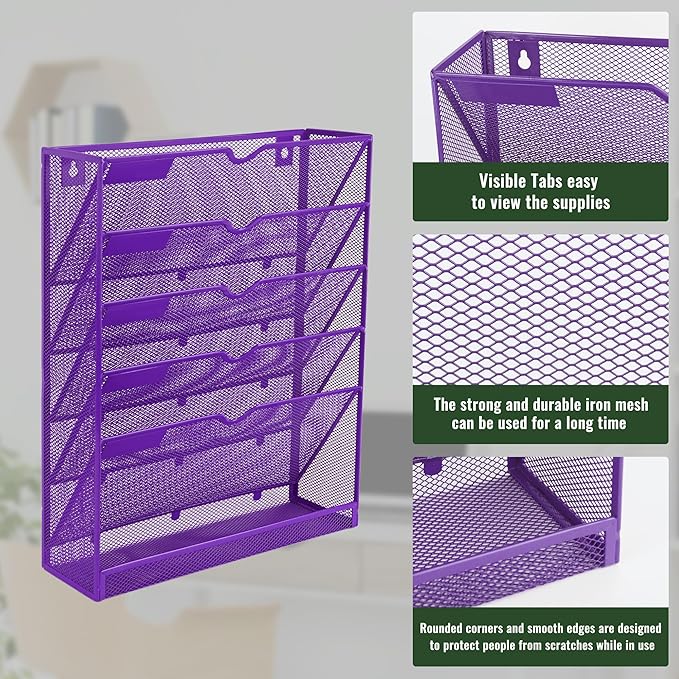 EASEPRES 6 Tier Mesh Hanging Wall File Organizer, Desk Vertical Mail Paper Document Folder Holder Rack with Bottom Tray and Nametag Label for Office Home School, Purple