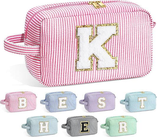 YOOLIFE Gifts for Women Teen Girls Kids - Initial Makeup Bag Cosmetic Case Toiletry Pouch, Birthday Gifts for Women Friends Sister Teacher, Pink K