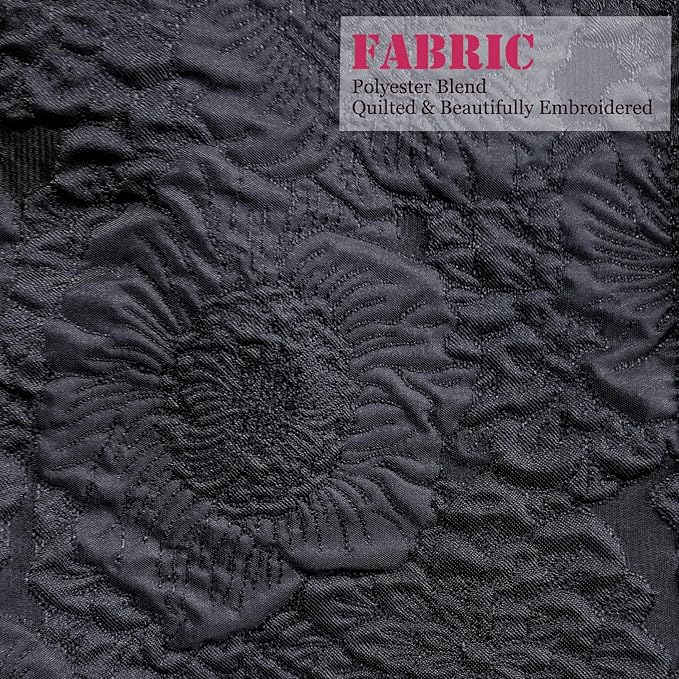 HAPPYHEIDI Large Floral Black Quilted Makeup Bag Cosmetic Toiletry Travel Pouch Purse Organizer, Canvas Lined, Embroiddered Flowers