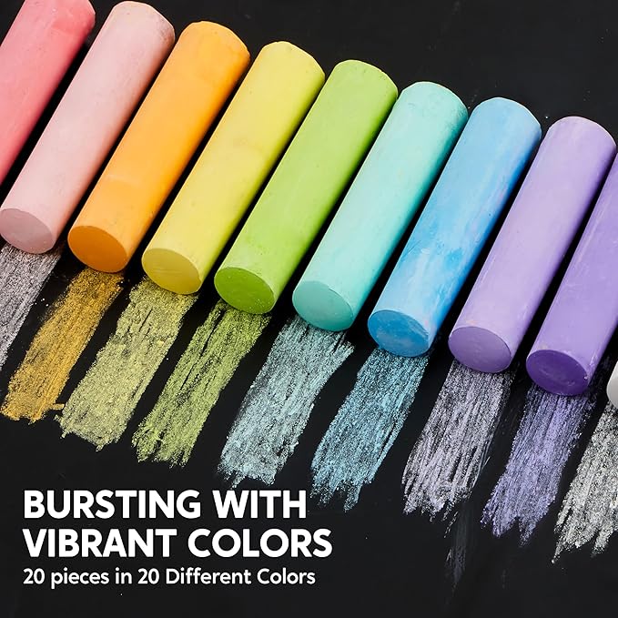 JOYIN 20 PCS Washable Sidewalk Chalks Set in 20 Colors, Non-Toxic Jumbo Colored Chalk for Kids, Painting for Outdoor Games, School Supplies, Painting on Chalkboard
