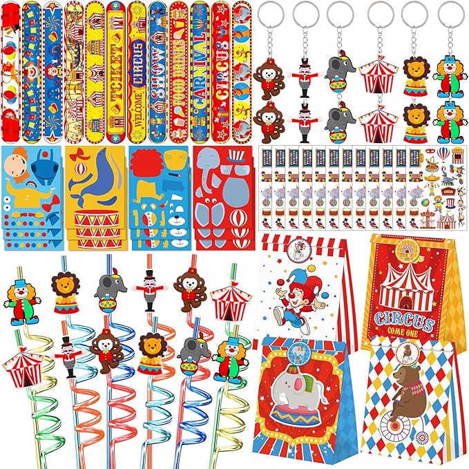 Circus Party Favors 72 PCS Circus Clown Animal Slap Bracelets DIY Stickers Tattoo Stickers Keychains Plastic Straws Gift Bags for Kids Carnival Theme Birthday Party Baby Shower Classroom Rewards