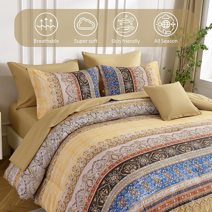 Cottolester Boho Queen Comforter Set 8 Pieces, Yellow Bohemian Striped Bed in a Bag, Paisley Soft Microfiber Bedding Comforter Set