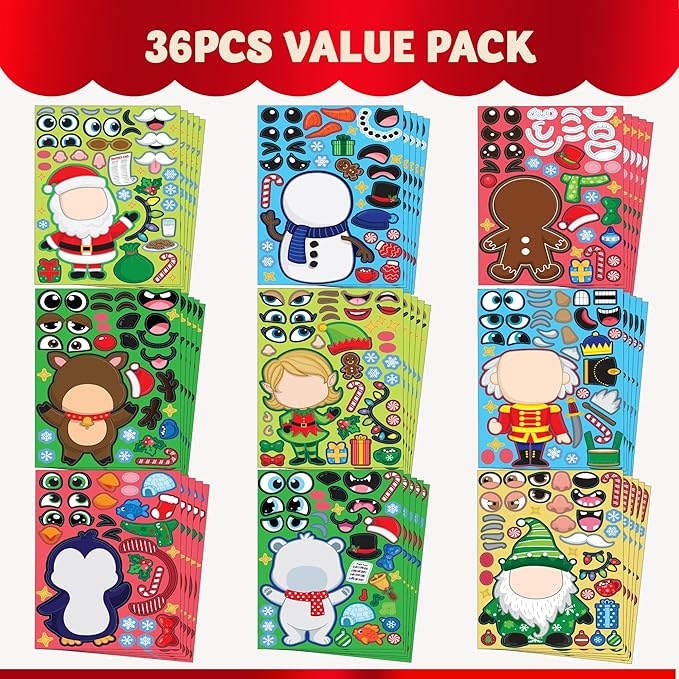 JOYIN 36 Pcs Christmas Make-a-face Sticker Sheets Make Your Own Xmas Characters Sticker with Santa Santa, Gnome, Reindeer, Snowman, for Kids Party Favor, Art Craft Supplies, Classroom Activities Game