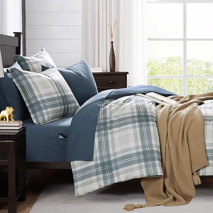 MaiRêve Plaid Queen Comforter Sets, Blue Grey Grid Farmhouse Bedding Set Bed in A Bag, Classic Checkered Comforter Sets with Fitted & Flat Sheet, Pillowcases & Shams(Blue Grey, 90"x90")