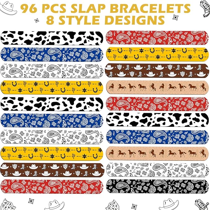 48 Pack Western Party Slap Bracelets Cowboy Cowgirl Bracelets Horse Wristbands for Western Themed Parties Kids Birthday Party Favors Supplies Decorations, 8 Styles