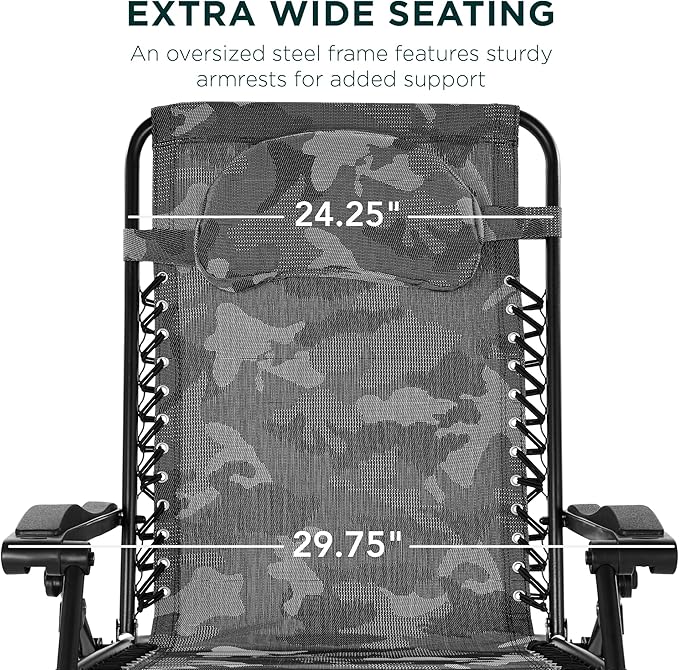 Best Choice Products Oversized Zero Gravity Chair, Folding Outdoor Patio Lounge Recliner w/Cup Holder Accessory Tray, Pillow - Camouflage