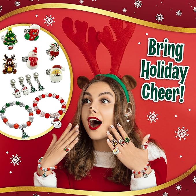 Christmas Stocking Stuffers Jewel Rings for Kids, Holiday Dress-Up Jewelry Set - Rings, Bracelets, Clip-On Earrings for Girls - Christmas Tree Gift Box, Christmas Gift for Girls Age 3 4 5 6 7 8 and Up