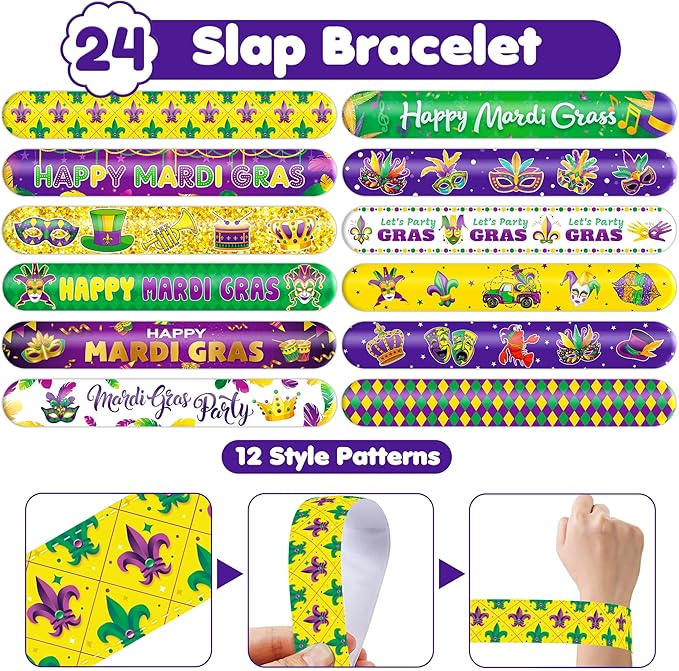 48 Mardi Gras 24PCS Mardi Gras Temporary Tattoos Sticker 24PCS Slap Bracelets Perfect for Themed Birthday Party Favors Baby Showers or Classroom Rewards Ideal Decor and Gifts for Girls and Boys