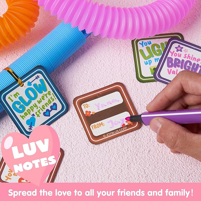 JOYIN 24 PCS Valentine's Day Gifts Cards with Glow Pull Tube Bracelet, Lights Glow in the Dark Toys for Kids Valentine's Party Favors for Classroom Exchange Toy, School Prizes Exchange Gift Rewards