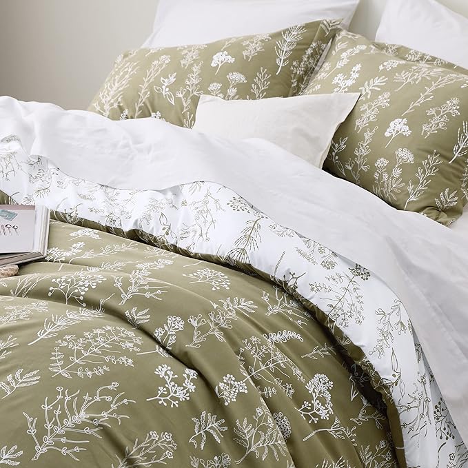 Bedsure Oversized Queen Comforter Set - Olive Green Bed Set, 3 Pieces Cute Floral Bedding, 1 Soft Reversible Botanical Flowers Comforter and 2 Pillow Shams