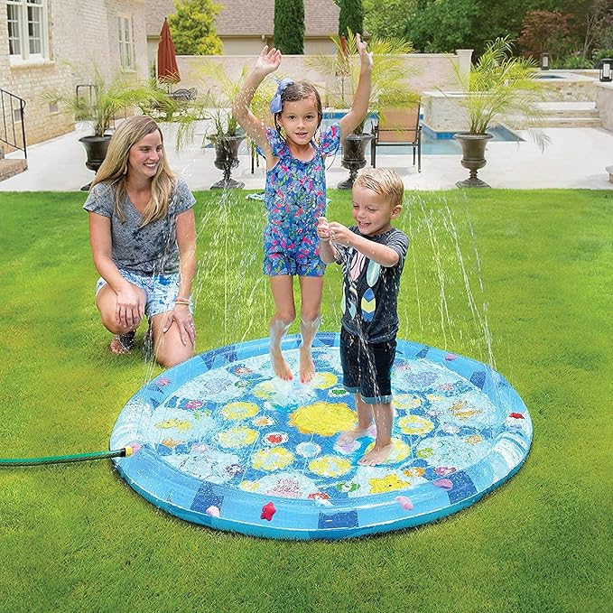4 in 1 Splish Splash Learning Pad – Outdoor 60” Sprinkler Water Toy for Toddlers and Kids | USA Patented Swimming Ocean Animals | Inflatable Pool with Matching and Learning Games