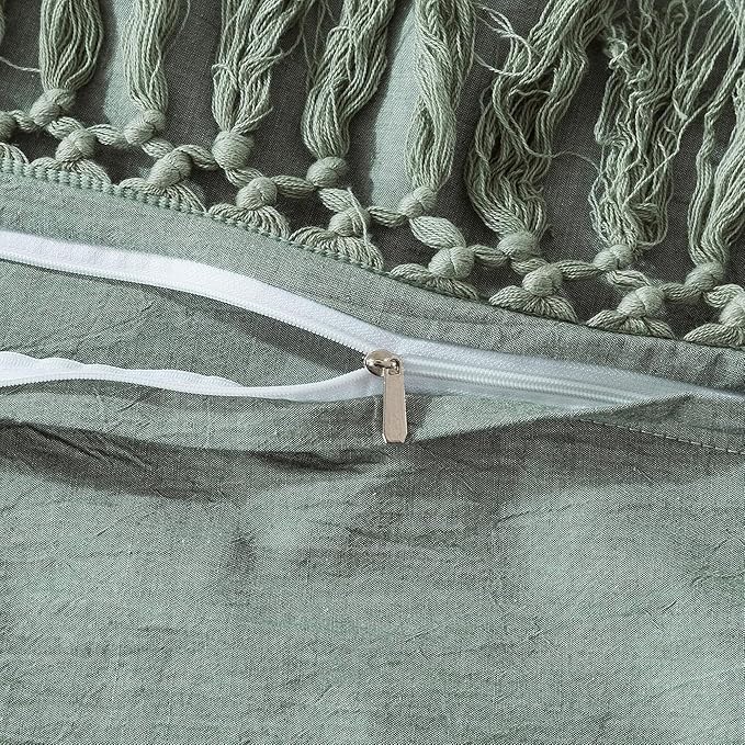 Helthep Vintage 100% Washed Cotton Tassel King Size Bedding Set Dark Sage Green 3Pcs Duvet Cover Set Fringed Boho Hidden Zipper Closure Soft Breathable Green Comforter Cover w Tassels