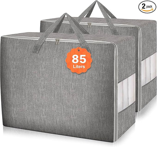 2 Pack 85L Comforter Storage Bags, Extra Large Bedding Storage Bags with Clear Window, Reinforced Handles & Zippers, Foldable Closet Organizers for Blanket Pillow Clothes