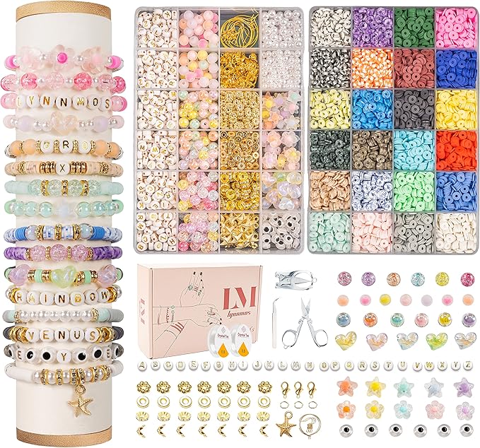 Clay Beads 8500 Pcs 2 Boxes Bracelet Making Kit - 24 Colors Polymer Clay Beads for Bracelet Making Set - Heishi Disc Beads for Jewelry Making kit with Charms and Gift Pack for Girls