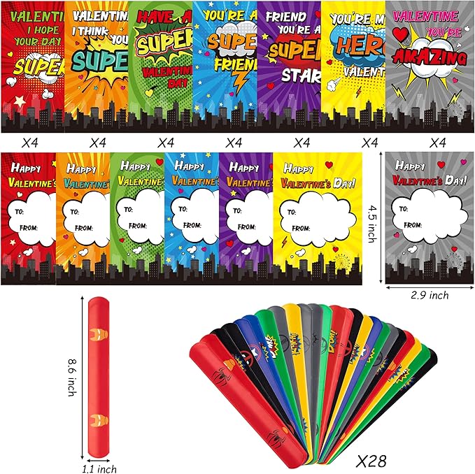 28 Packs Valentines Day Gift for Kids, Valentine’s Day Super Power Slap Bracelets with Cards Toddler School Classroom Prize Exchange Gifts Party Favor Toy Set Superhero Decorations