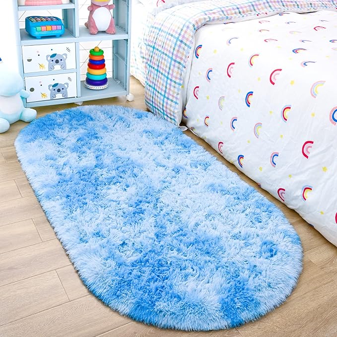 Noahas Oval Fluffy Blue Rainbow Rug 2.6X5.3 Small Kids Rugs for Bedroom Girls And Boys Aesthetic,Bedside Bedroom Rug,Ultra Soft Runner Carpet Modern Shaggy Nursery Area Rugs Home D飯r