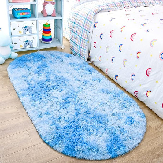 Noahas Oval Fluffy Blue Rainbow Rug 2.6X5.3 Small Kids Rugs for Bedroom Girls And Boys Aesthetic,Bedside Bedroom Rug,Ultra Soft Runner Carpet Modern Shaggy Nursery Area Rugs Home D飯r