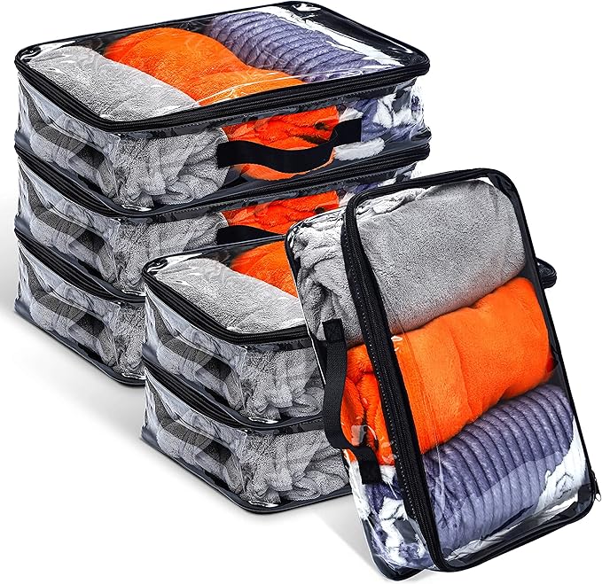 6 Pieces Large Clear Travel Packing Cube Clear Vinyl Zippered Storage Bags See Through Moving Bag PVC Multipurpose Pouch with Handle for Suitcase Shirts Dress Storage (Black, 15.8 x 10.2 x 3.9 Inch)