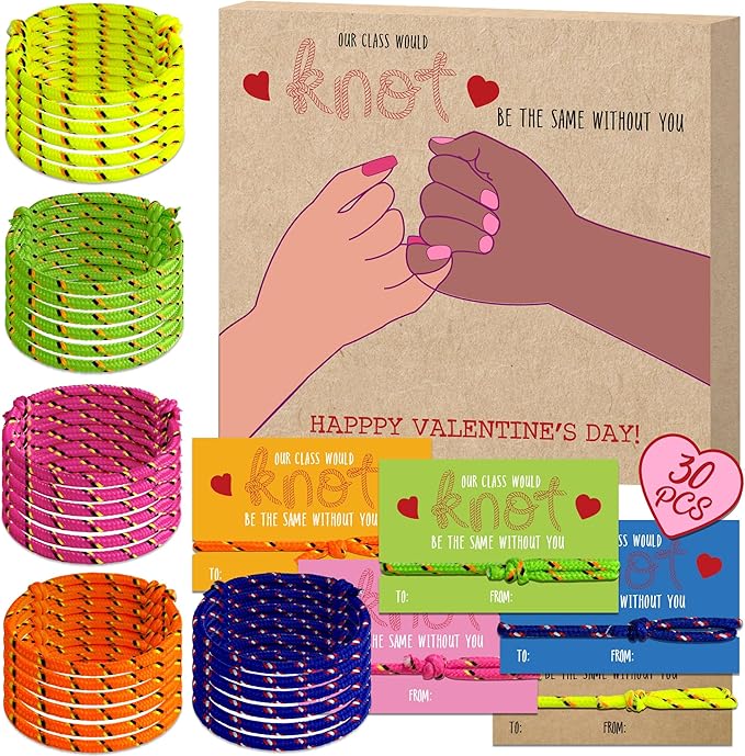 Friendship Bracelet Valentines Cards - 28Pcs Knot Bracelet Greeting Cards, Class Valentines Day Cards for Shcool Classroom Exchange, kids Valentines Day Gifts for Students from Teachers