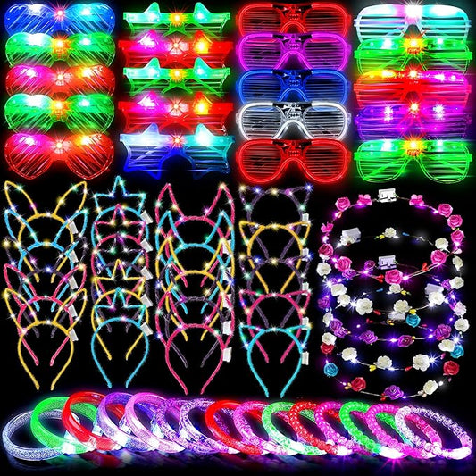 ADXCO 60 Pieces Glow in the Dark Party Supplies Neon Party Favor LED Light Up Party Favors with Flashing Glasses Flower Headband Crown Bracelets Rabbit Cat Ear Headband for Neon Party