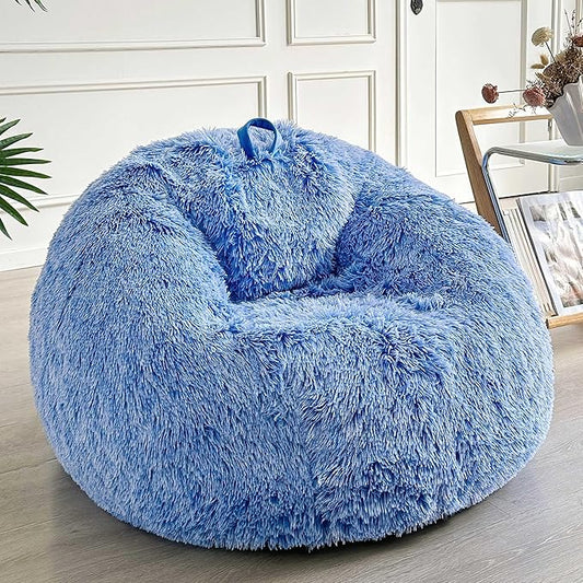 LIFEREVO Fluffy Faux Fur Bean Bag Chair Cover Blue (No Filler), Ultra-soft Stuffed Animal Storage Bean Bag Cover for Kids Adults, Premium Furry Bean Bag Cover for Plush Toys Memory Foam (Ombre Blue)