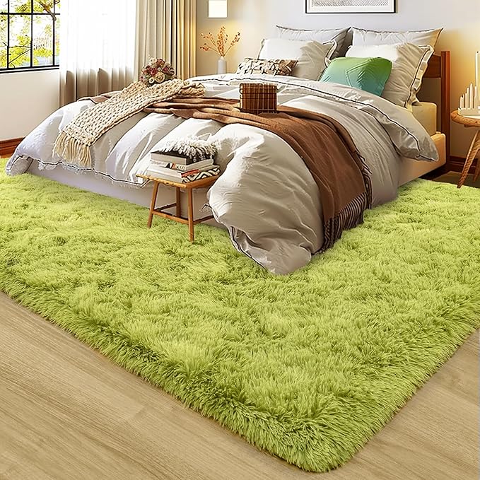 Xexsin Ultra Fluffy Area Rugs for Living Room Bedroom, 6x9 Fuzzy Large Living Room Rugs, Thick Shag Rug for Dorm, Soft Non Slip Kids Girls Boys Rug for Home Decor Aesthetic, Green