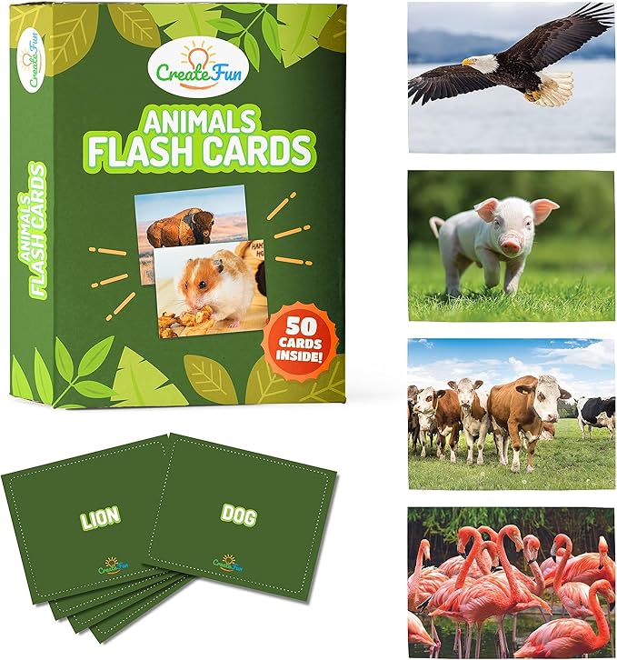 50 Animal Flash Cards - Realistic Photo Cards - Fun Vocabulary Builder for Autisim, Speech Therapy, ESL, Occupational Therapy - Montessori Educational Games for Preschool Kids Learning Activity