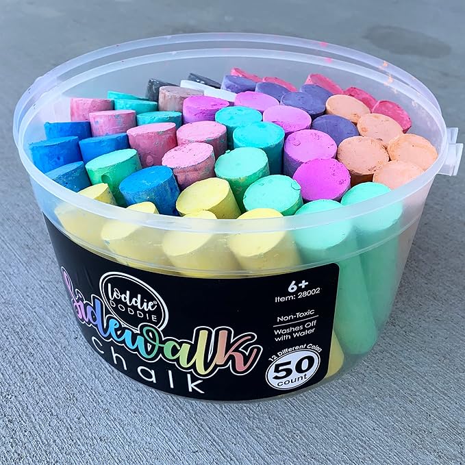 Loddie Doddie 50ct Sidewalk Chalk for Kids - 12 Colors Non-Toxic Jumbo Sticks in Reusable Bucket - Easy Clean Up for Fun & Creativity