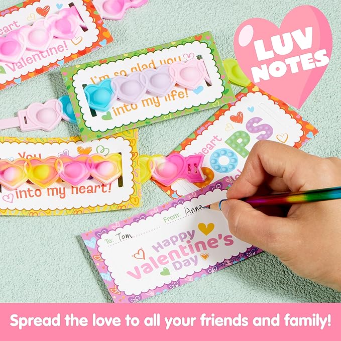 JOYIN 28 PCS Valentines Day Gifts for Kids, Valentines Cards with Heart Pop Bubble Bracelets, Stress Relief Fidget Toys for Girls Boys Toddler Valentines Classroom School Exchange Gifts Party Favor