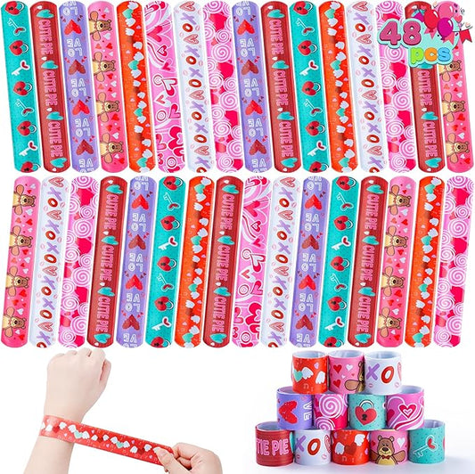JOYIN 48 Pcs Valentines Day Slap Bracelets with Colorful Hearts and Animal for Party Favors, Kids School Supplies, Birthday presents, and Game Prizes