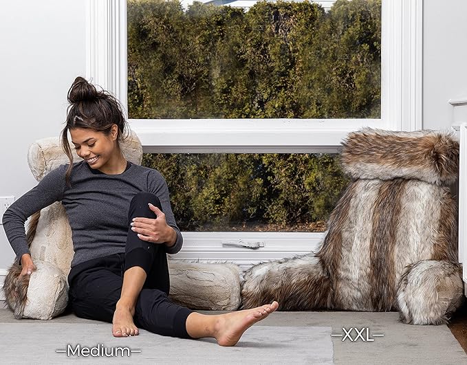 Husband Pillow XXL Rare Baby Coyote Fabulous Faux Fur Backrest, 2-Tone Reversible Double Sided Reading & Bed Rest Pillow with Arms & Neck Roll, Adjustable Memory Foam - Sit Up Extremely Comfy
