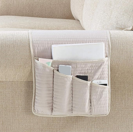 Brilliant Sunshine Premium Beige Sofa Armrest 5 Pockets Organizer, Couch Recliner Chair Caddy, 1/2" Channel Quilted, Washable Remote Controls Holder, Storage for Magazine, Tablet, 35×13", Light Beige