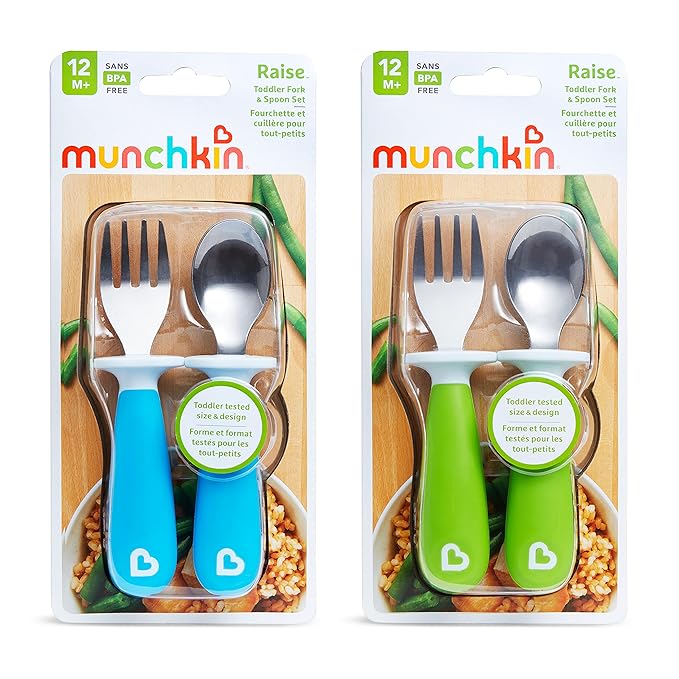 Munchkin® Raise™ Toddler Fork and Spoon Utensil Set, Rest Keeps Tip Off Table, BPA Free, 4 Pack, Blue/Green