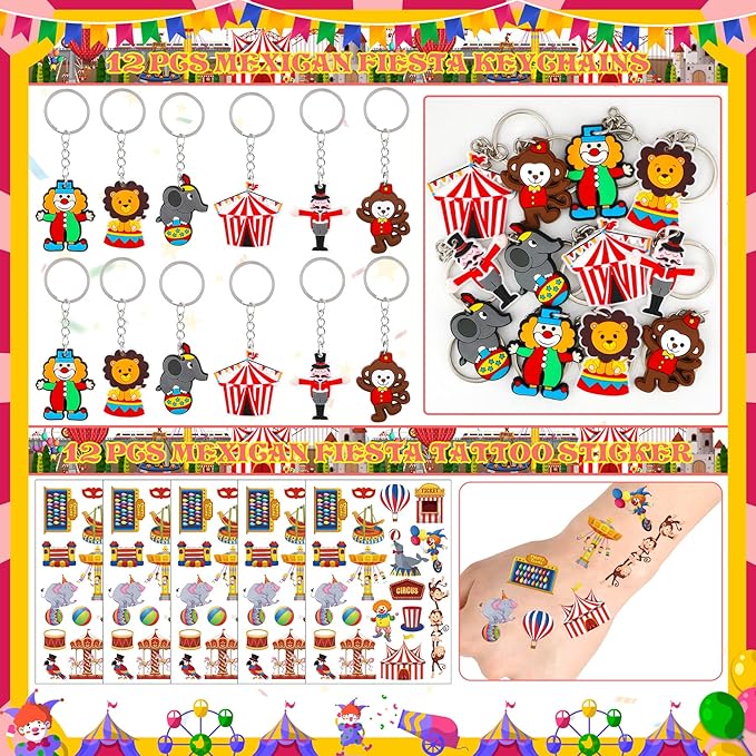 Circus Party Favors 72 PCS Circus Clown Animal Slap Bracelets DIY Stickers Tattoo Stickers Keychains Plastic Straws Gift Bags for Kids Carnival Theme Birthday Party Baby Shower Classroom Rewards