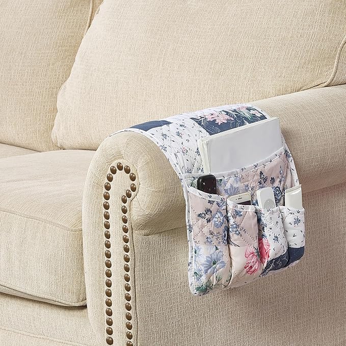 Brilliant Sunshine Roses in Beige Couch Sofa Armrest 5 Pockets Organizer, Slip Resistant Recliner Armchair Caddy, Washable Remote Controls Holder, Storage for Magazine, Phone, 35×13", Vintage Indigo
